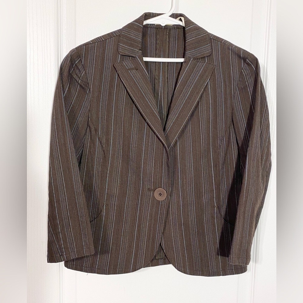 Y2K Max Studio Pinstripe Cropped Blazer Vintage Brown Blue Size 0